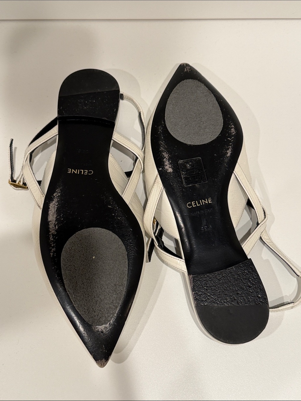 Celine White Pointed-Toe Croc-Embossed Ankle-Strap Flats - Picture 4 of 7